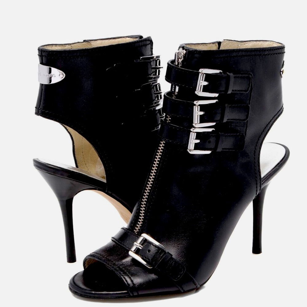 Michael Kors Leather Peep Toe Booties Ankle Shooties Boots Buckles Zippers
